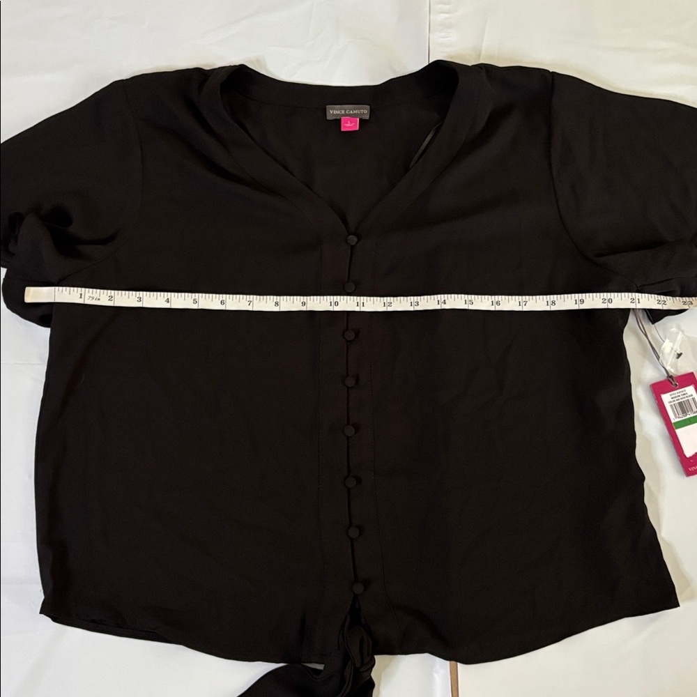 Vince Camuto V-Neck Button Tie Blouse Black Short Sleeve Top Sz L - Picture 5 of 8